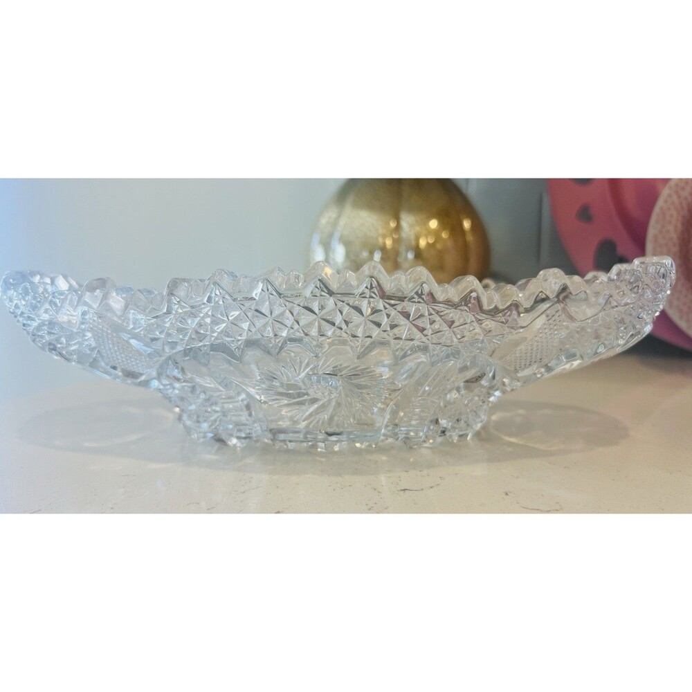 Vintage Brilliant Cut Style Pressed Glass Oval Bowl 10” Sawtooth Rim Starburst